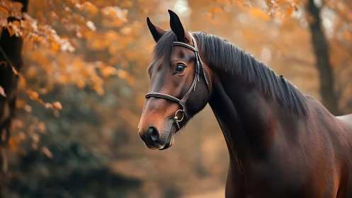 Chestnut horse stands poised against soft autumn bokeh.