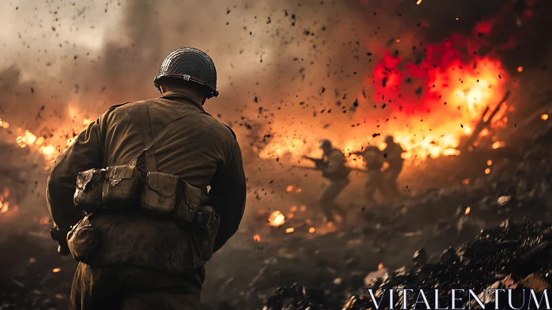 Soldier advances through burning battlefield under heavy fire