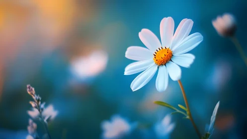 White Daisy with Golden Center Against Blurred Teal Background.