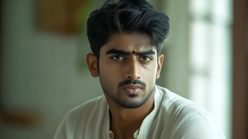 Calm gaze of a traditional young man in soft morning light.