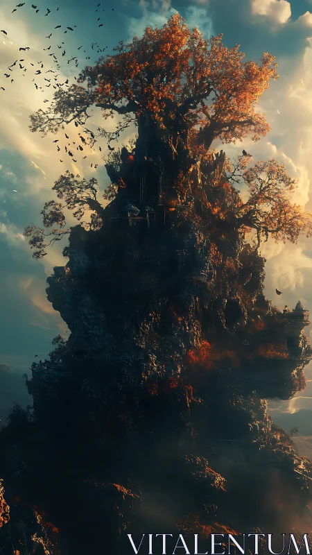 Towering rocky tree island under dramatic cloudy sky.