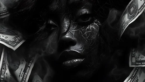 Monochrome portrait merges etched skin patterns with drifting banknotes