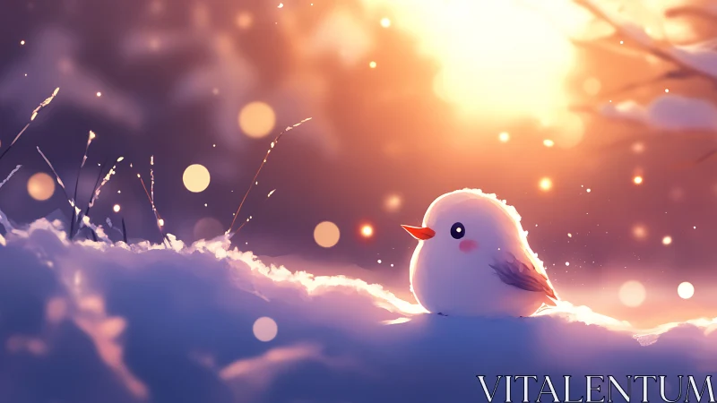 Luminous Chick Resting in Alpine Snow at Golden Sunset
