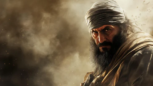 Bearded man in headscarf stands before dense dust cloud