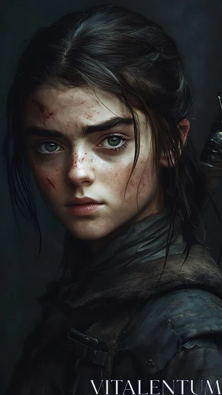 Battle-scarred girl stares forward in muted cold light.