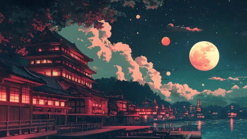 Dreamy moonlit harbor with glowing riverside temples at night.