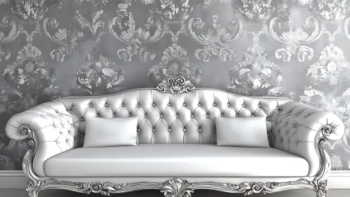 Luxurious white tufted sofa set against ornate silver wall