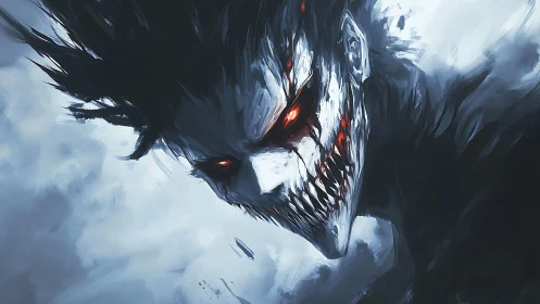 Demonic skull-faced specter emerges through stormy shadows.