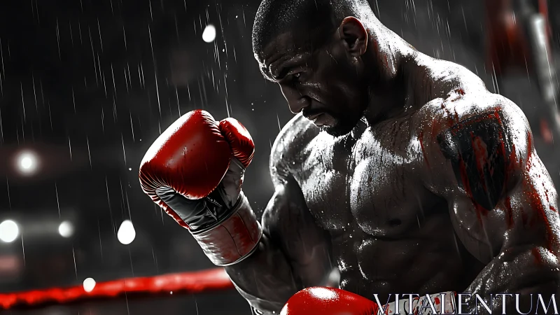 Intense boxing match moment captured in dramatic rainfall.