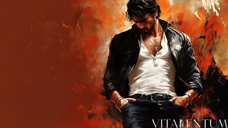 Brooding man in leather jacket stands in bold painted flames