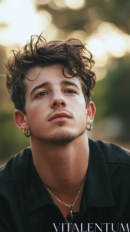 Young man gazes upward under soft golden evening light.