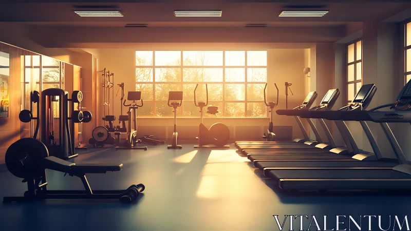 Sunlit fitness studio interior shows aligned training equipment