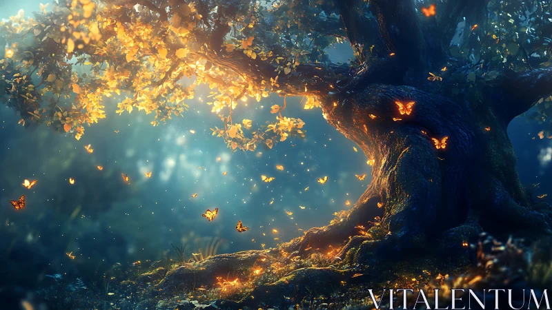 Bioluminescent forest tree with luminous butterflies at twilight