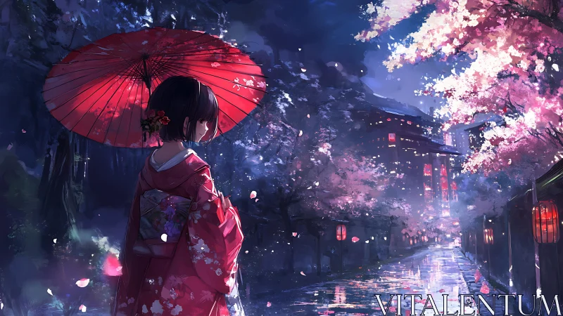 Girl in red kimono walks under sakura on rainy night