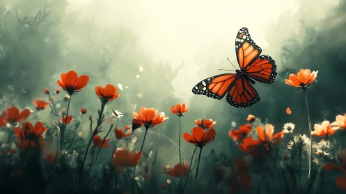 Monarch butterfly gliding over vivid orange wildflowers.