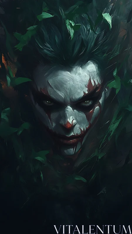 Sinister clown face emerging from dark leafy shadows.