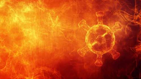 Viral particle rendered against orange and red electromagnetic field background.