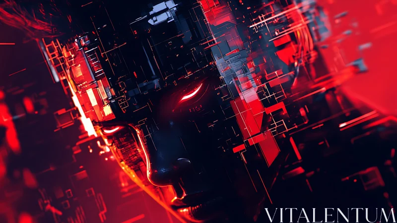 Cybernetic portrait merges human visage with red data shards