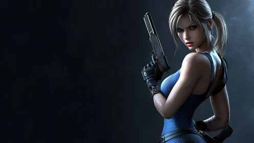 Steely‑eyed cyber agent poised with sleek handgun.