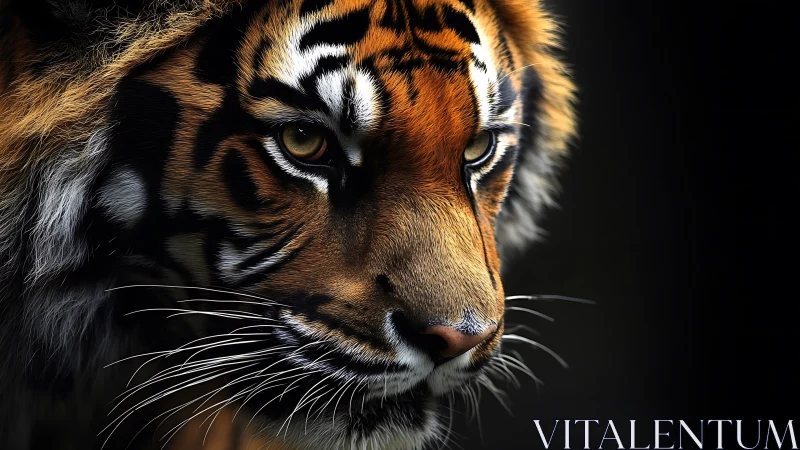 Close tiger portrait with sharp whiskers and dark backdrop.