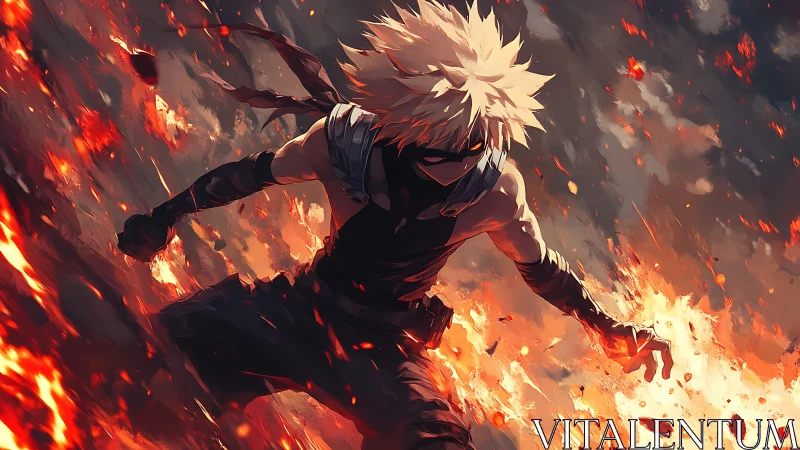 Masked combatant amid erupting flames and flying embers.