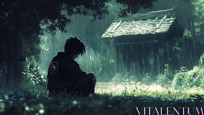 Solitary anime figure seated in rain near old wooden shrine.