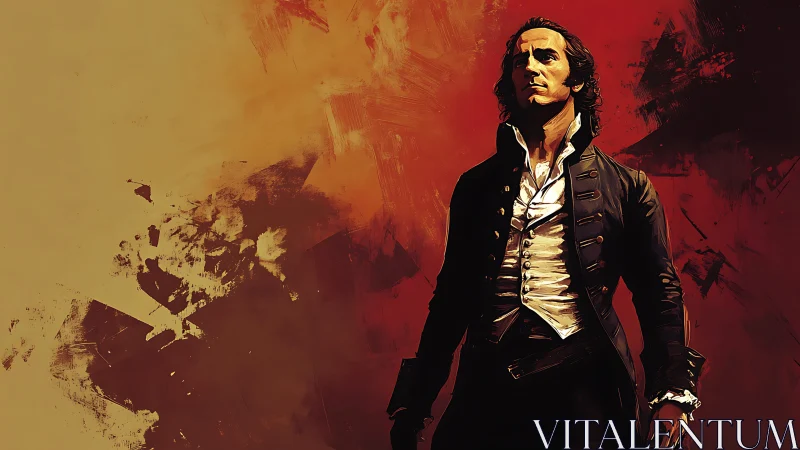 Defiant revolutionary stands before burning abstract sky.