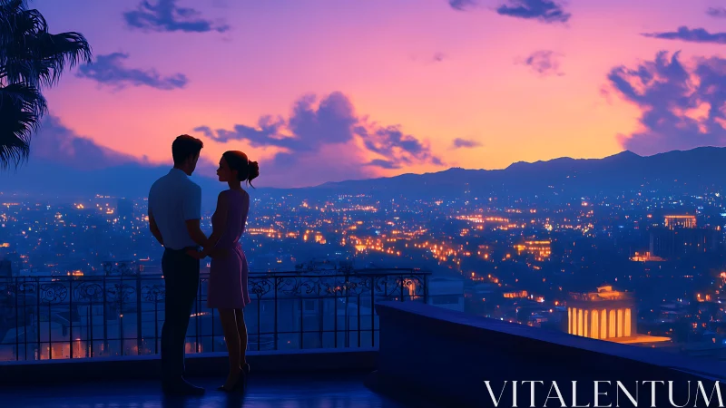 Couple Watches Glowing City at Twilight from High Balcony.