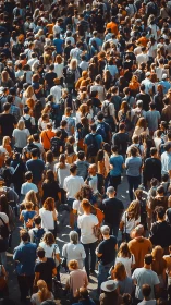 Crowded city walkway from above in warm evening light.