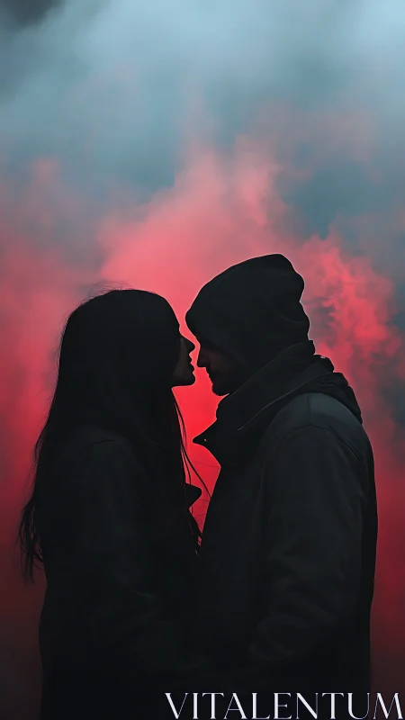 Silhouetted Couple Against Crimson Sky.