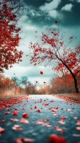 Crimson leaves waltz down a quiet road beneath teal skies