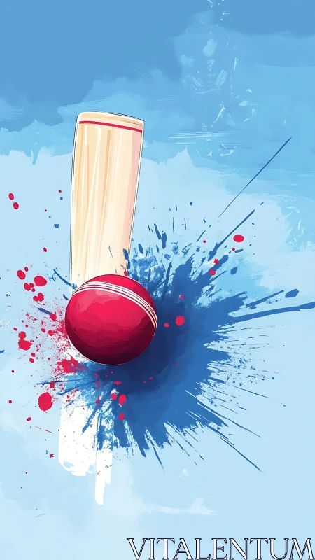 Dynamic cricket bat and ball in bold splatter artwork.