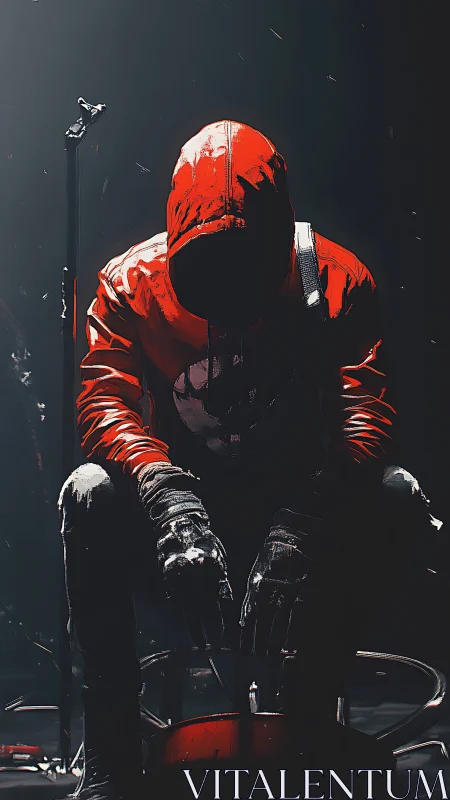 Hooded vigilante in red jacket under hard spotlight composition.