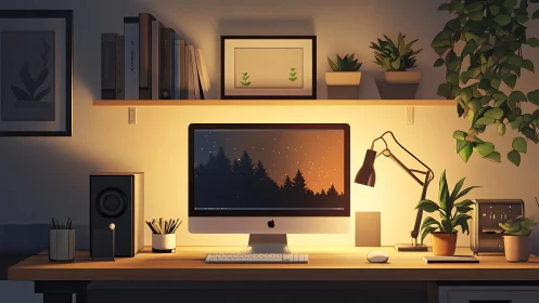 Cozy desktop workspace with plants and warm monitor glow.