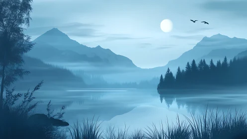 Monochromatic lacustrine mountainscape under diffuse lunar radiance.