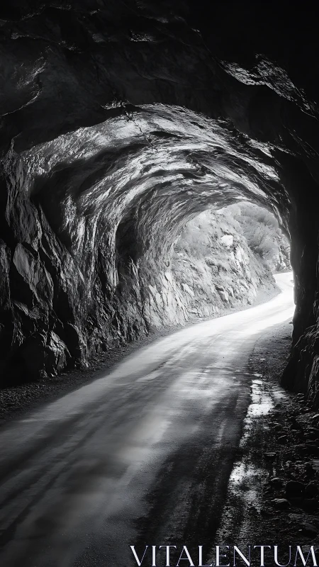 Monochrome rock tunnel with wet asphalt road and exit light