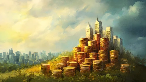 Golden coin towers rising into a dreamy city skyline.