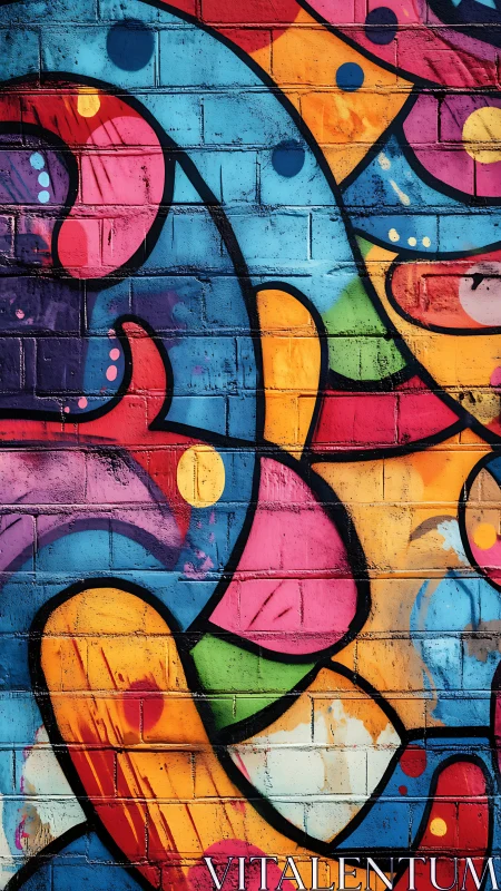 Multicolored abstract graffiti covers a vertical brick wall