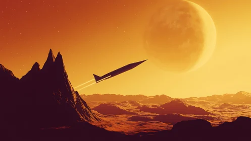 Rocket over rugged alien terrain under large distant moon.