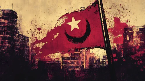 Grunge urban skyline with distressed red flag emblematic symbol.
