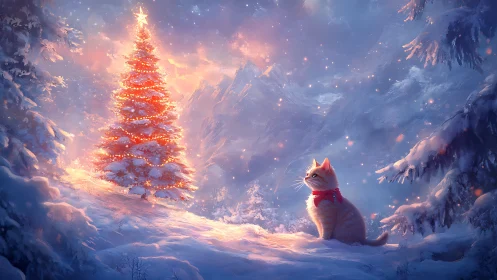 Golden cat gazes at glowing Christmas tree in snowy dusk