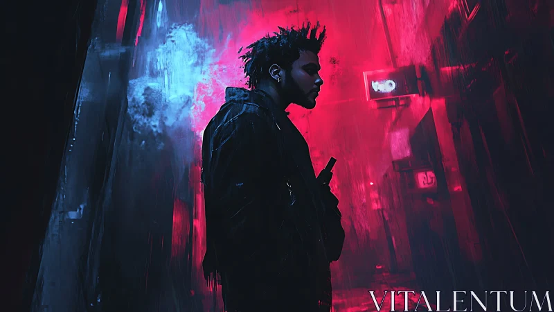 Neon-saturated alley silhouette in cinematic cyber-urban haze.