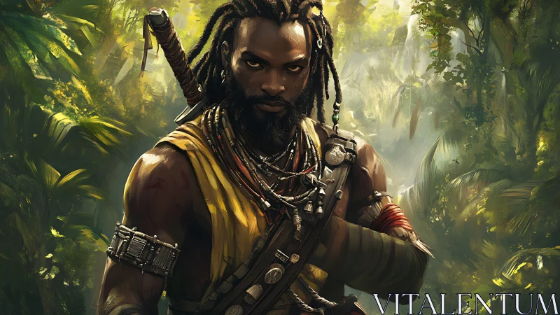 Jungle warrior meets your gaze with calm, unwavering strength