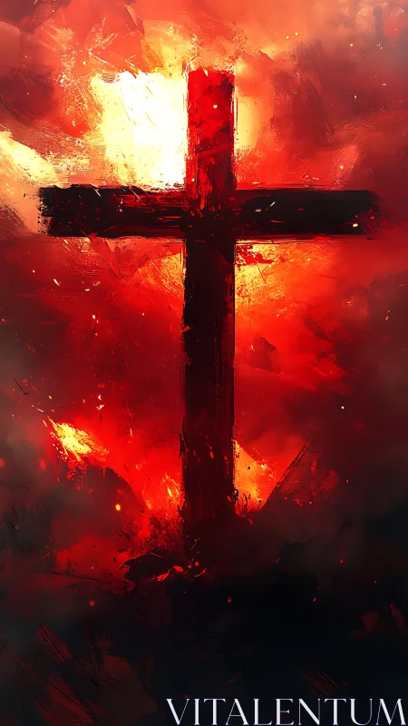 Luminous cruciform silhouette amid incendiary red nebula