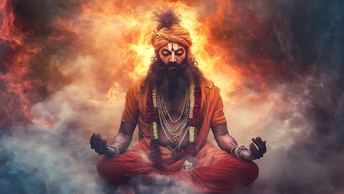 Meditating holy man surrounded by swirling fire and smoke.