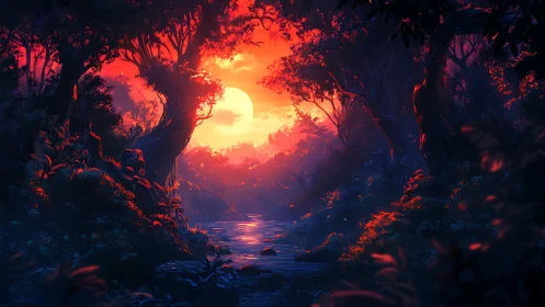 Luminous Forest River: Where Light Embraces Mystery.