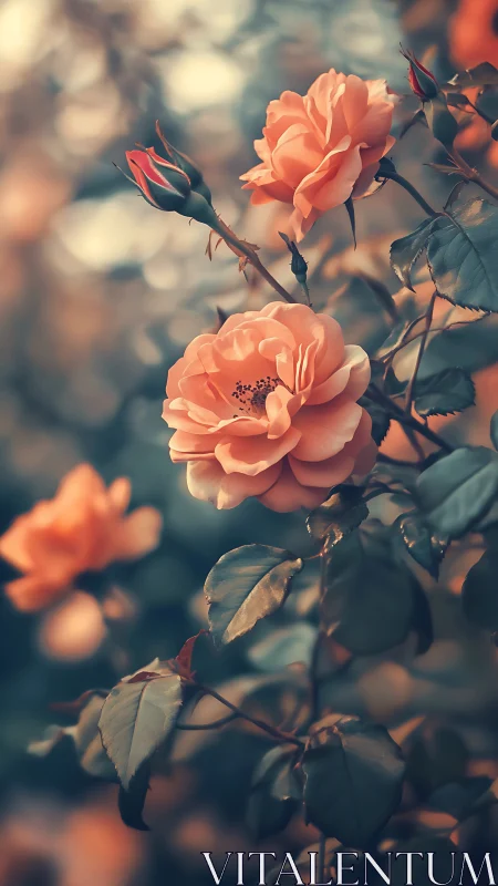 Coral Roses in Golden Afternoon Light.