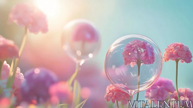 Dreamy pastel blossoms float gently inside glowing bubbles