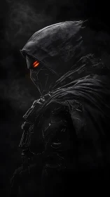Cybernetic hooded wraith in profile with glowing red visor