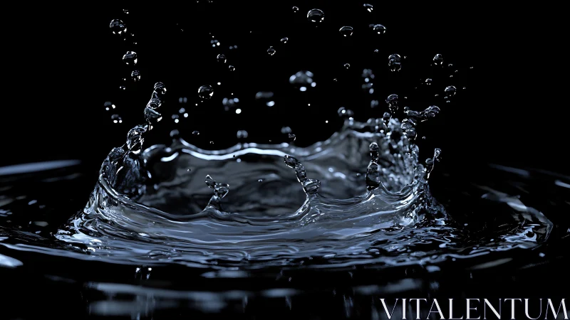 High-speed water splash crown with sharp suspended droplets.
